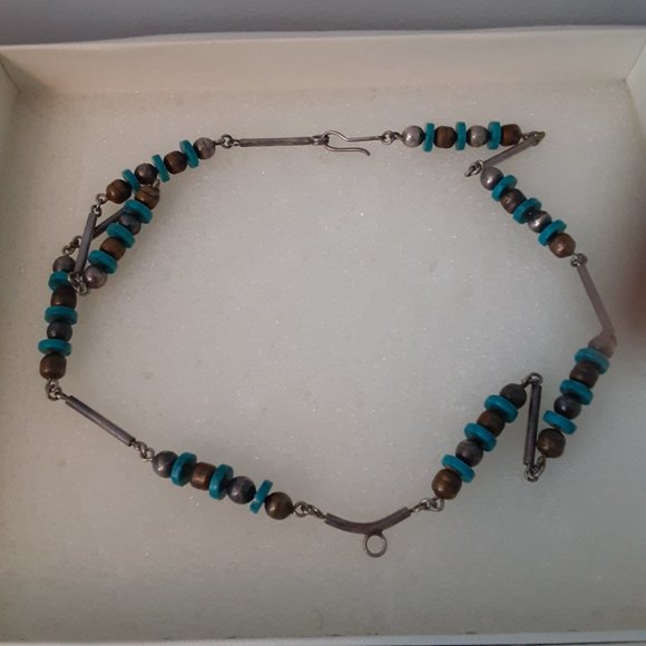 Exotic Turquoise Beaded Necklace Decorated With Brass and Silver Tone Beads - Picture 3 of 3